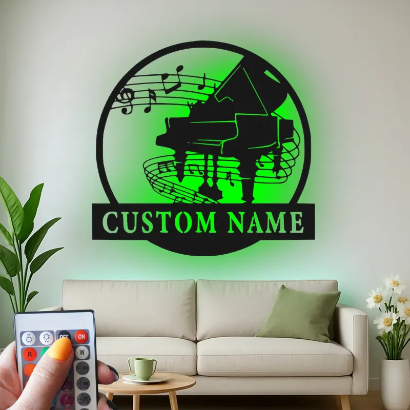 Panneau piano personnalisé avec LED | Décoration murale en métal sur mesure pour salle de musique | Silhouette de piano à queue | Cadeau pour pianiste