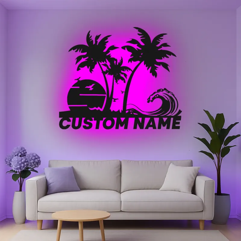 Insegna in metallo personalizzata con luce LED per scena di spiaggia - Regalo costiero personalizzato per amanti della spiaggia e decorazione tropicale