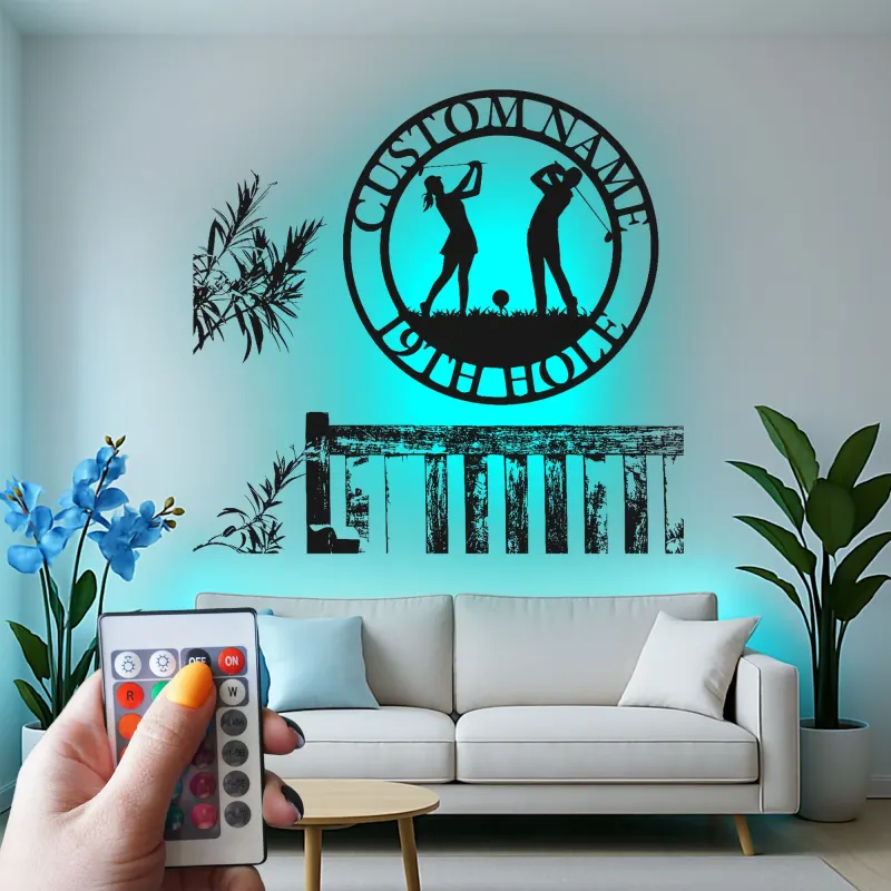 Enseigne LED de golf personnalisée | Décoration murale en métal sur mesure pour bar maison | Déco 19e trou avec prénom | Cadeau pour couple golfeur