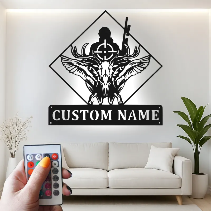 Enseigne LED personnalisée chasseur et crâne de cerf | Décoration murale en métal sur mesure pour chalet | Cadeau de chasse pour homme