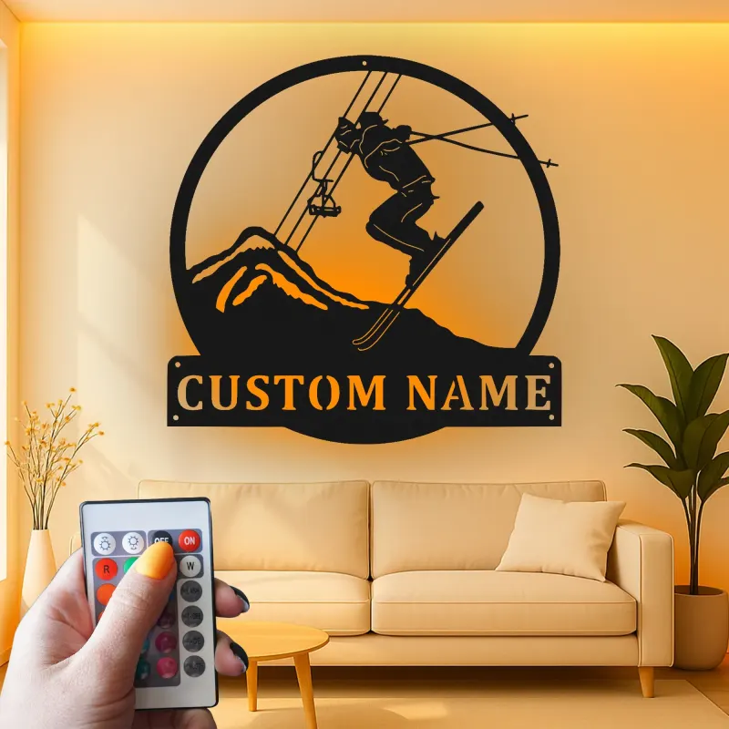 Custom Alpine Skier Metal Wall Art | LED Mountain Cabin Decor | Personalized Ski Lover Gift | Illuminated Silhouette Sign