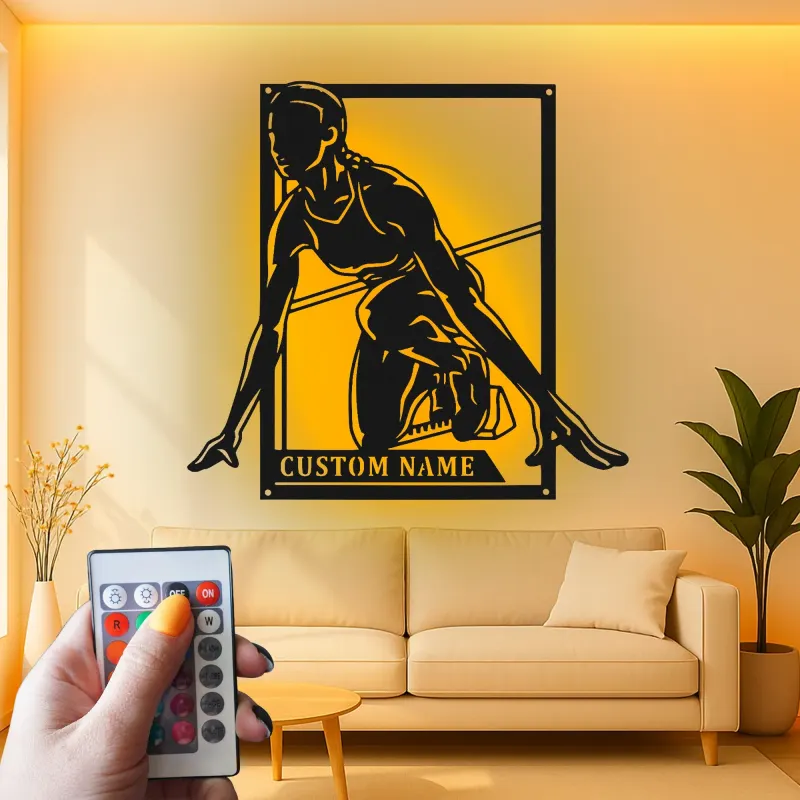 Décoration murale en métal personnalisée pour sprinteuse | Plaque coureuse personnalisée avec lumière LED | Cadeau pour athlète, coach d’athlétisme
