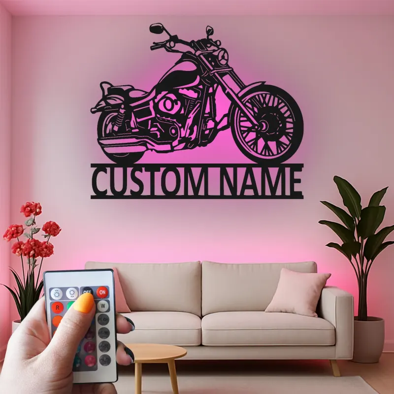 Panneau LED Moto Personnalisé | Art Métal Biker | Décor de Garage Lumineux | Cadeau de Cave à Homme pour Lui