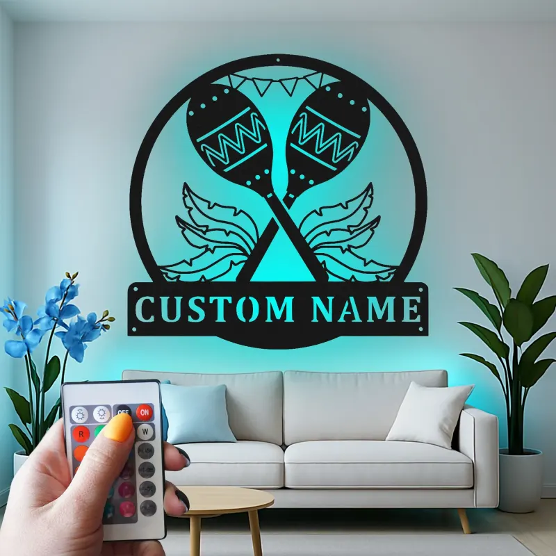 Personalized Maracas Metal Sign | LED Wall Art for Latin Music Lovers | Custom Name Decor for Home Bar & Studio Gift