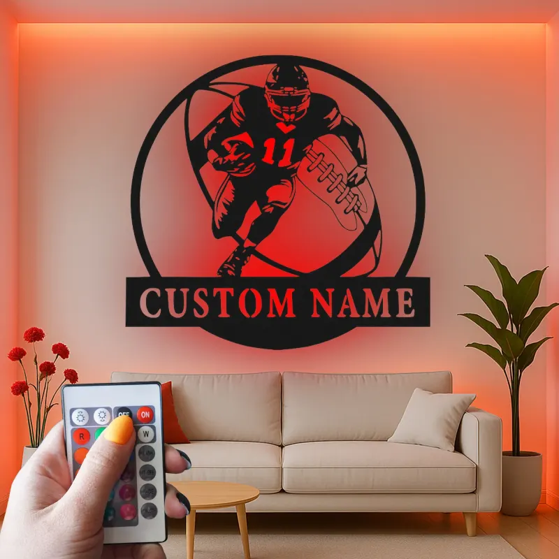 Insegna in metallo personalizzata per giocatore di football | Arte murale LED personalizzata | Decorazione con nome atleta per man cave e regalo per tifosi