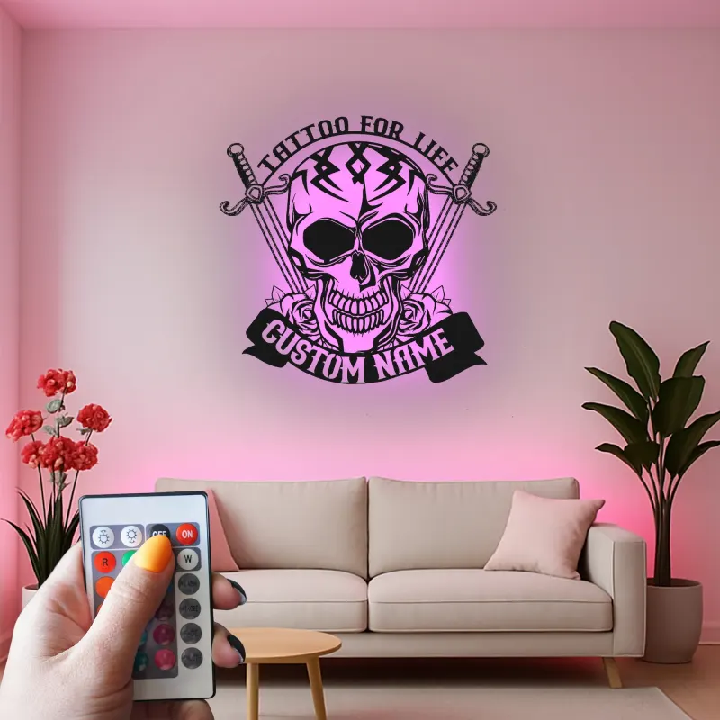 Personalized Skull & Swords LED Sign | Custom Tattoo Metal Wall Art | Gothic Home & Studio Decor | Unique Backlit Name Plaque