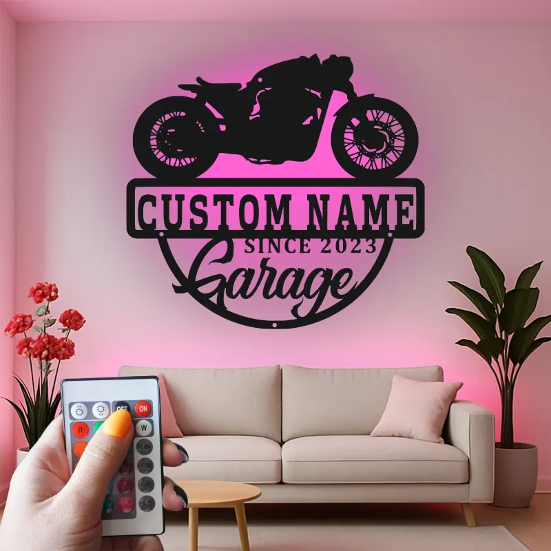 Insegna in metallo personalizzata per garage motociclistico con luce LED regalo per motociclisti decorazione per garage