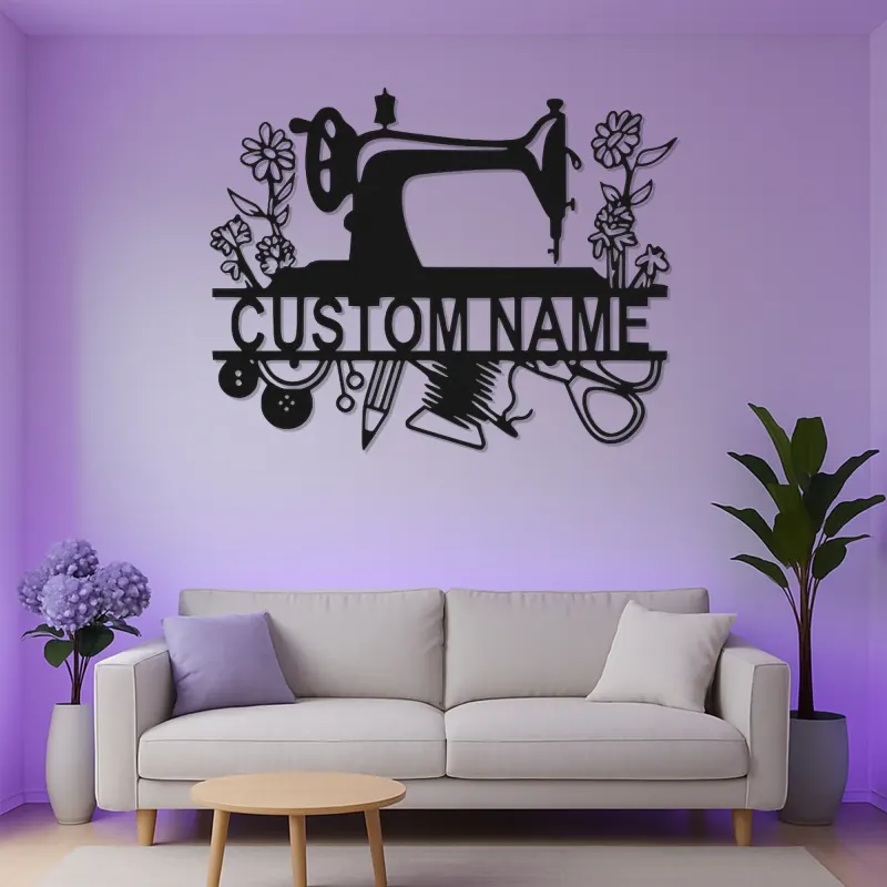 Personalized Sewing Machine LED Sign | Custom Metal Wall Art for Craft Room | Vintage Floral Seamstress Gift