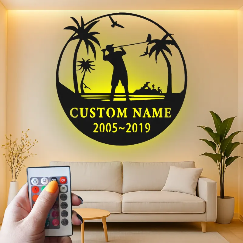 Décoration murale en métal personnalisée pour golfeur avec LED | Déco sur mesure pour club de golf | Panneau gravé avec prénom | Cadeau pour passionné de golf