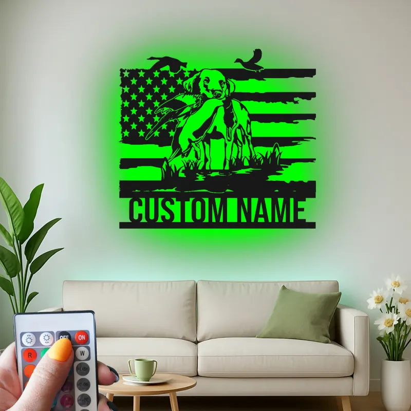 Labrador Hunting Dog Metal Sign | Personalized LED Wall Art | Custom Hunter Gift with American Flag | Patriotic Cabin & Man Cave Decor