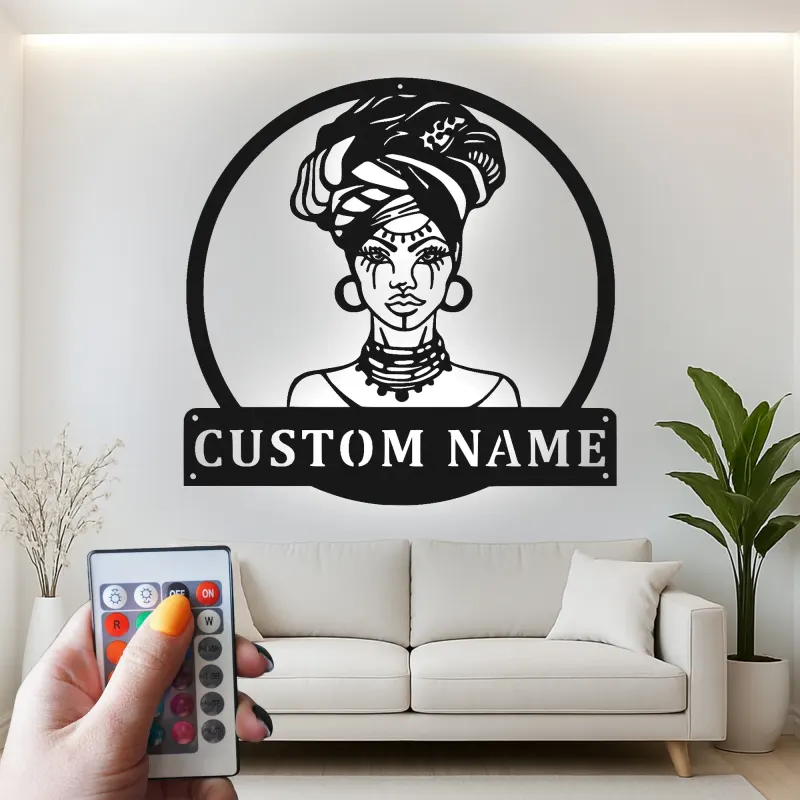 Insegna in metallo personalizzata con silhouette di donna africana e luce LED - Regalo unico per lei, decorazione per soggiorno o camera da letto