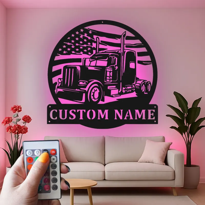 Panneau Métallique LED Personnalisé de Camion Semi | Art Mural avec Drapeau Américain | Cadeau Personnalisé pour Camionneur pour Man Cave & Garage