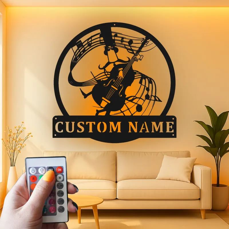 Insegna in metallo LED personalizzata con musicista e violoncello - Regalo personalizzato per amanti della musica, decorazione per sala musicale