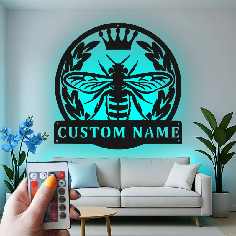Custom Bee with Crown Led Light Metal Wall Art Personalized Gift for Nature Lovers Living Room or Garden Decor
