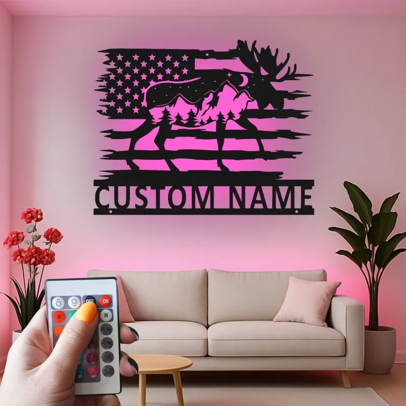 Custom Moose Metal Wall Art | Personalized LED American Flag Sign | Rustic Cabin Decor & Lodge Gift