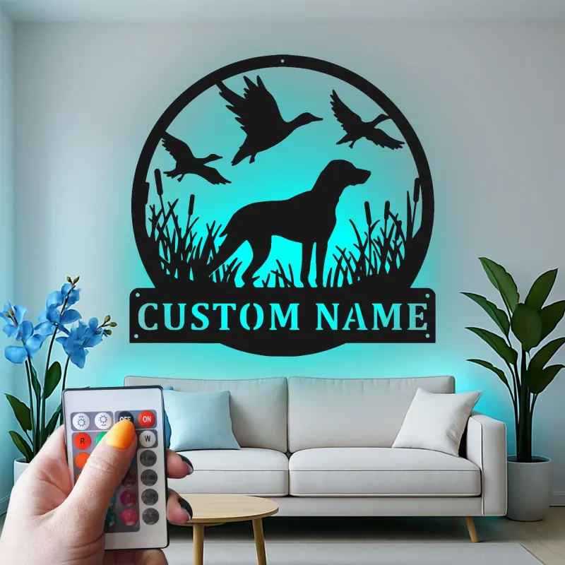Insegna per Cacciatore Labrador Retriever | Insegna in Metallo LED Personalizzata | Regalo per Cacciatori e Decorazione per Cani