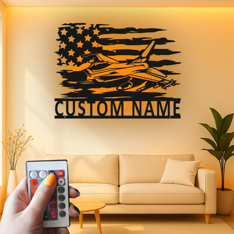 Custom Fighter Jet LED Metal Art | Personalized Military Pilot Gift | American Flag Wall Decor | Patriotic Man Cave Sign