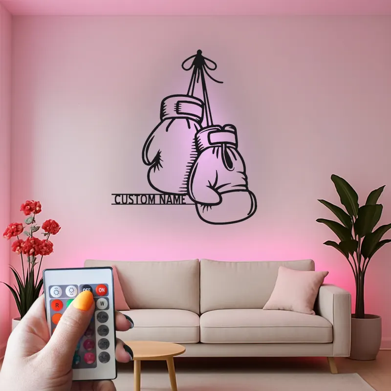 Insegna in metallo personalizzata con guantoni da boxe e luce LED - Regalo personalizzato per pugili, palestra o decorazione per angolo dedicato 1