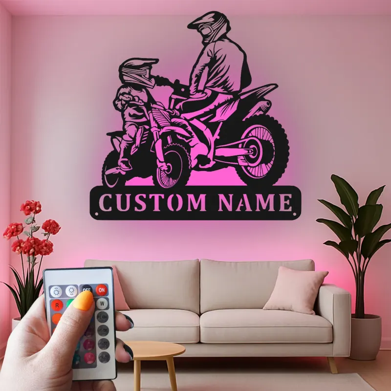 Custom Motocross Riders Led Light Metal Wall Art Personalized Gift for Dirt Bike Enthusiasts Man Cave Decor