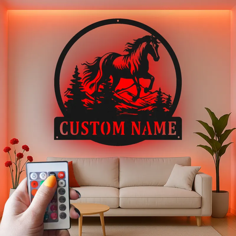 Insegna in metallo personalizzata con LED | Arte murale equestriana personalizzata | Regalo per amanti dei cavalli