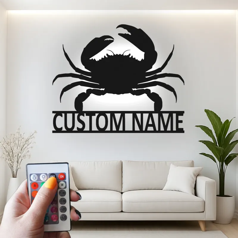 Cartel de metal personalizado de cangrejo con luz LED, regalo costero, decoración de casa de playa para amantes del océano
