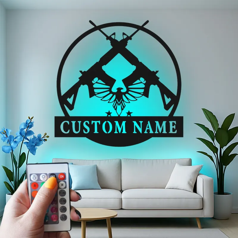 Insegna in metallo personalizzata con fucile e aquila e luce LED regalo per appassionati di armi decorazione per man cave o garage