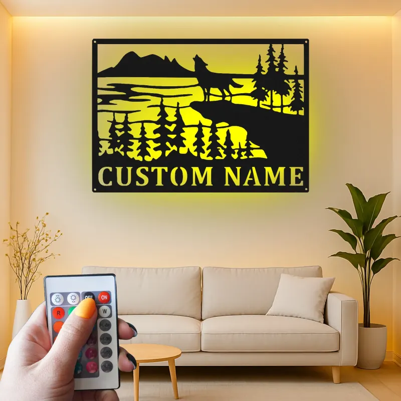 Custom Wolf Howling Landscape Led Light Metal Wall Art Personalized Nature Lover Gift Cabin Decor