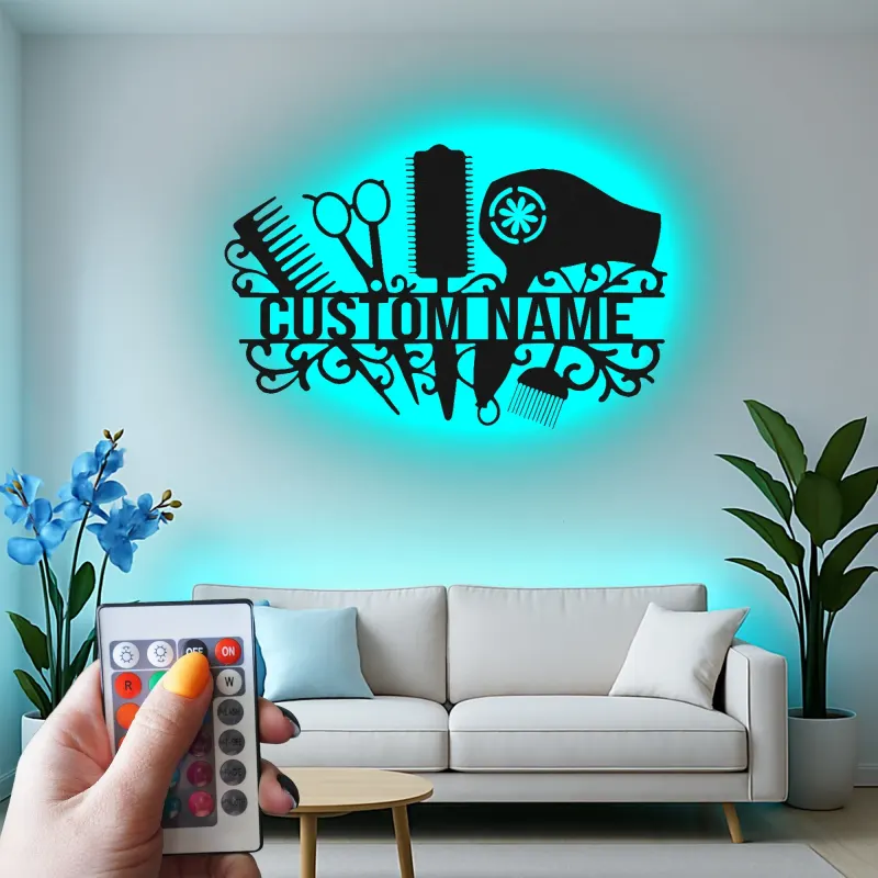 Personalized Salon Sign | Custom Hair Stylist LED Decor | Metal Wall Art for Hairdresser | Light Up Beauty Shop Nameplate