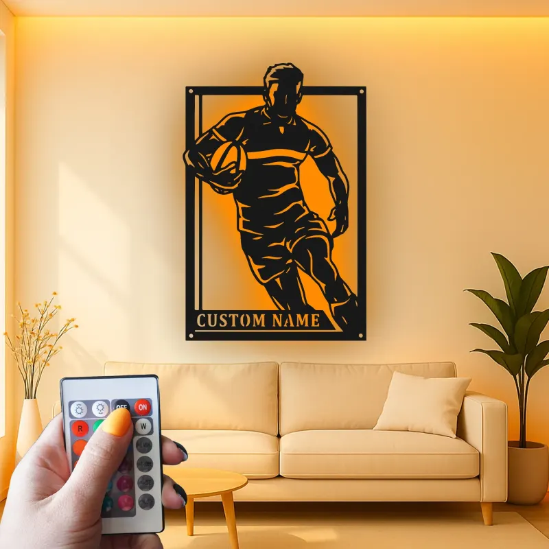 Custom Rugby Player Metal Sign | Personalized LED Wall Art | Sports Decor for Game Room | Gift for Athlete Coach