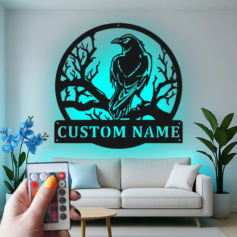Custom Raven Metal Sign with LED | Personalized Gothic Bird Wall Art | Backlit Wildlife Decor for Entryway