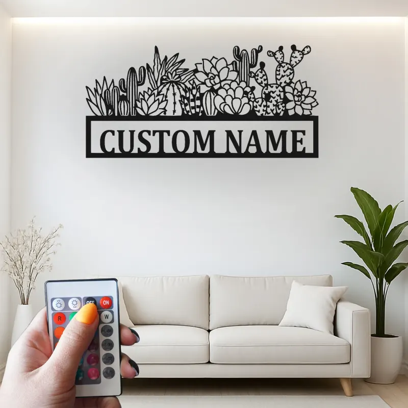 Panneau en métal personnalisé Cactus avec LED | Décoration murale succulente personnalisée pour entreprise | Décor botanique boho désert pour salon ou studio