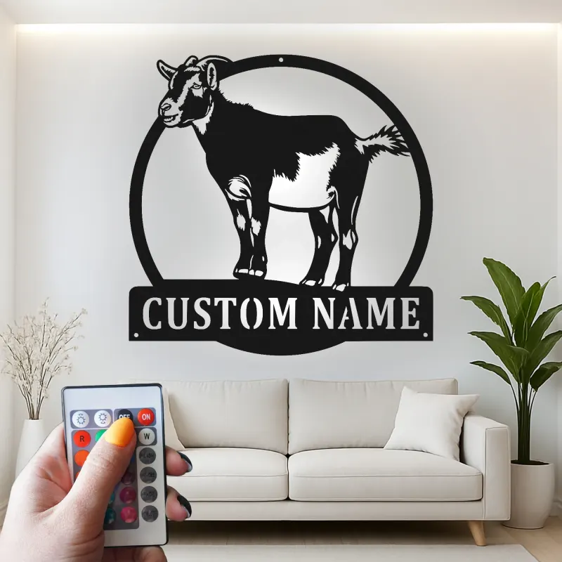 Insegna LED personalizzata con capra | Arte murale in metallo personalizzata per farmhouse e fienile | Regalo per rancher