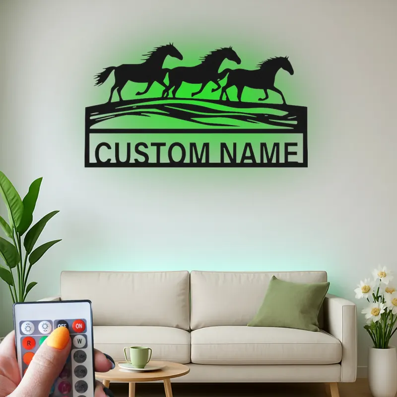 Running Horses Metal Wall Art | Custom LED Name Sign | Personalized Farmhouse & Ranch Decor for Horse Lovers