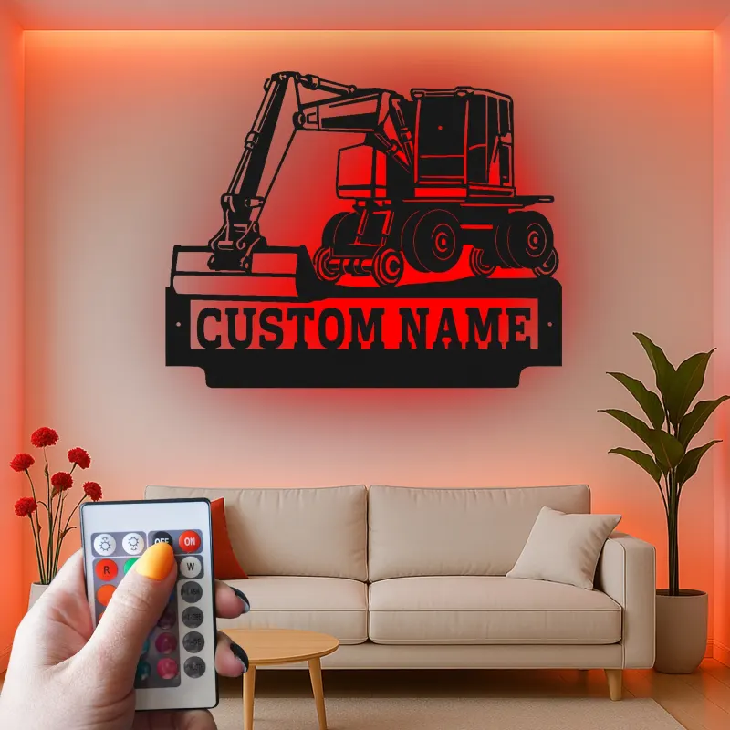 Personalisierte LED-Metall-Wandkunst mit Bagger-Motiv – Geschenk für Bauprofis, Garage oder Werkstatt 3