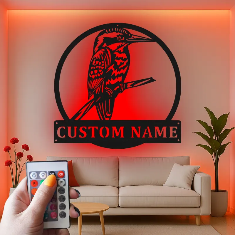 Insegna LED in metallo con kookaburra personalizzata | Decorazione murale faunistica | Accento personalizzato per patio | Regalo originale per amanti degli uccelli