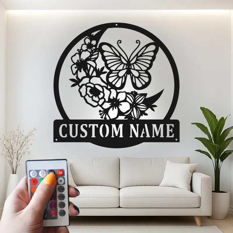 Décoration murale en métal personnalisée Papillon et Fleurs avec Rétroéclairage LED Cadeau pour Amateurs de Nature Décor de Chambre ou de Jardin