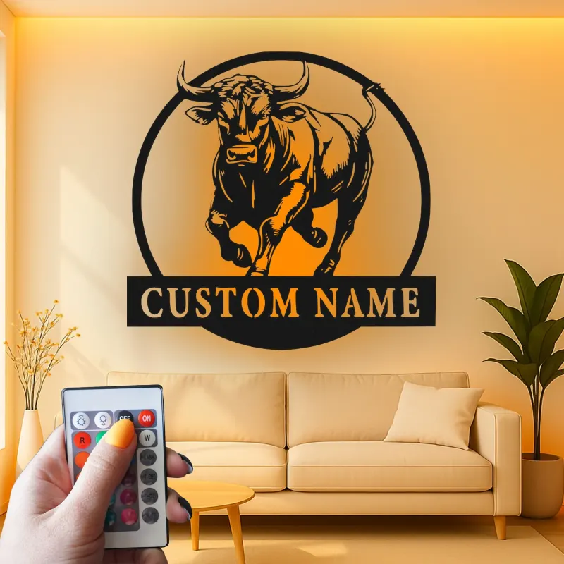 Personalisierte LED-beleuchtete Metall-Wandkunst mit Stier – Geschenk für Ranch-Dekor, Männerraum oder Scheunenwand-Akzent