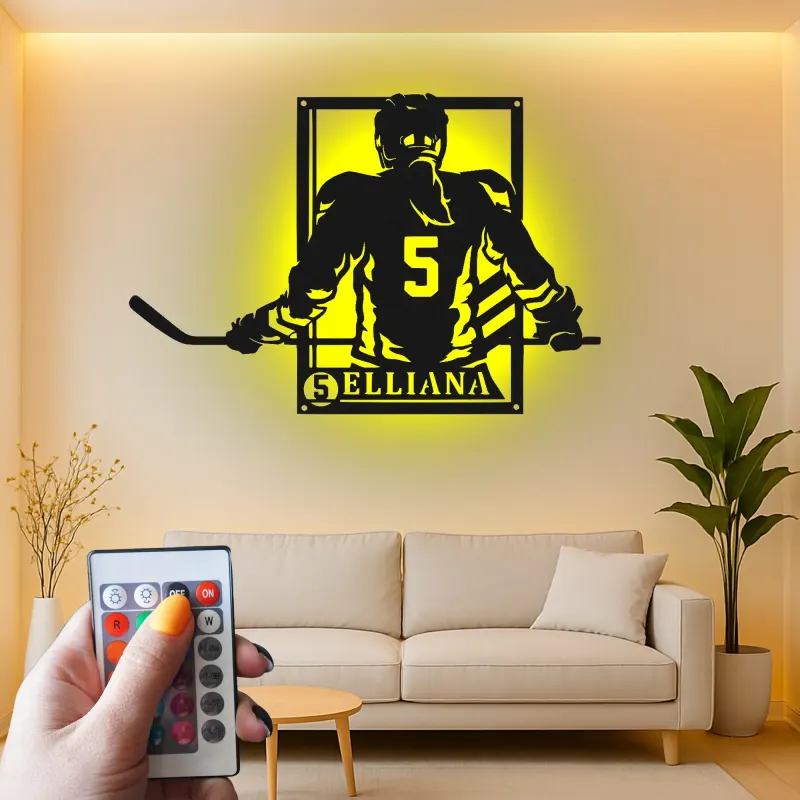 Personalisierte Hockey Spieler LED-Schild | Individuelle Metall-Wandkunst | Spielzimmer Dekor | Geschenk für Athleten