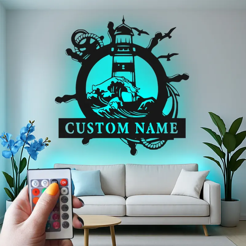 Insegna in metallo personalizzata Faro | Arte murale nautica LED | Decorazione per casa al mare personalizzata | Regalo per marinai e accento per casa costiera