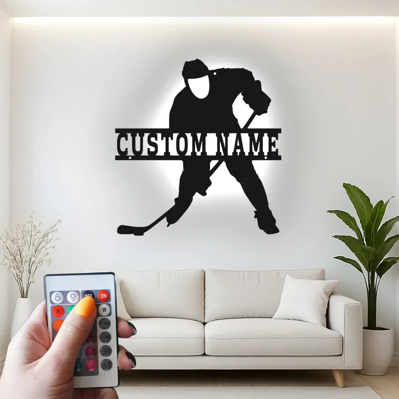 Insegna in Metallo Personalizzata per Giocatore di Hockey | Arte Murale LED Personalizzata | Decorazione per Hockey su Ghiaccio per Sala Giochi | Regalo per Fan