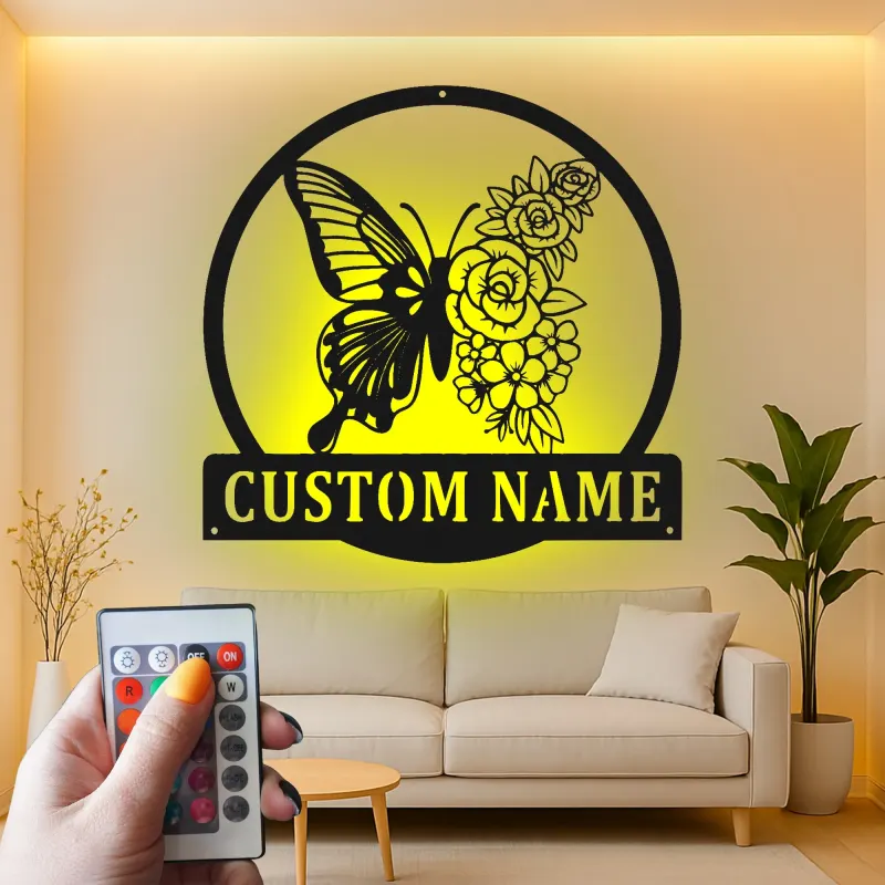 Décoration murale en métal personnalisée Papillon et Fleurs avec Rétroéclairage LED Cadeau pour Amateurs de Jardin Décor de Chambre ou de Patio