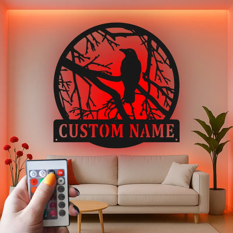 Custom Raven Metal Wall Art | Personalized LED Light Gothic Decor | Custom Name Sign for Home, Cabin or Studio