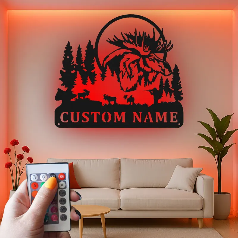 Cartel de metal de alce personalizado | Decoración mural LED de fauna | Decoración rústica para cabaña y lodge de caza