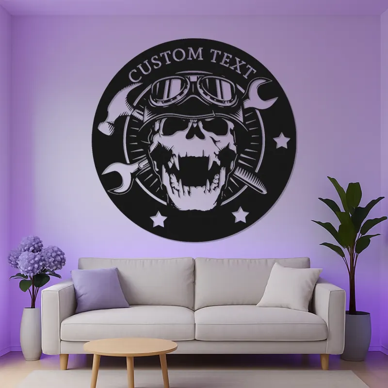 Individuelles Garagenschild mit LED | Personalisiertes Mechaniker Skull Metall Wandkunst | Vintage Biker Dekor für Werkstatt oder Man Cave