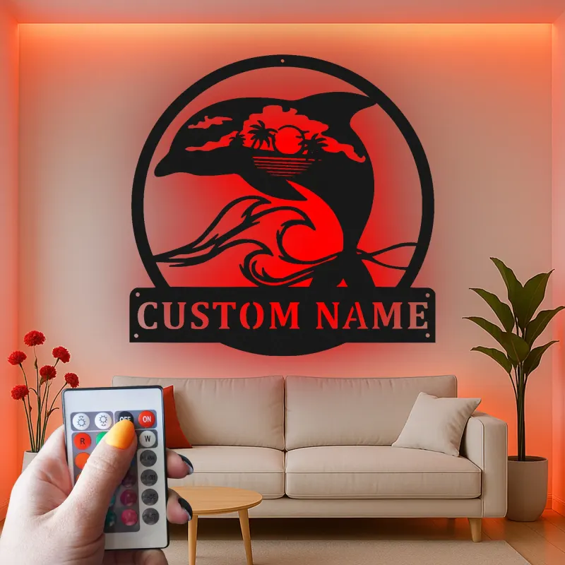 Cartel de metal LED personalizado de delfín al atardecer, regalo para amantes de la playa, decoración temática oceánica para el salón