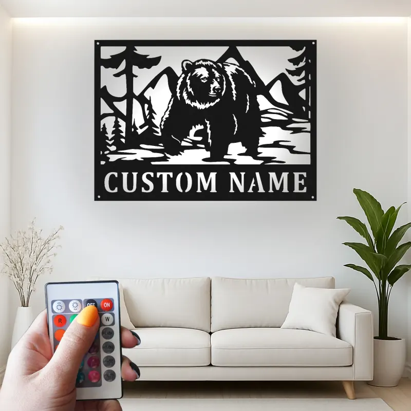 Décoration murale en métal personnalisée Bear Mountain avec rétroéclairage LED - Cadeau pour les amoureux de la nature, décoration de chalet ou de lodge