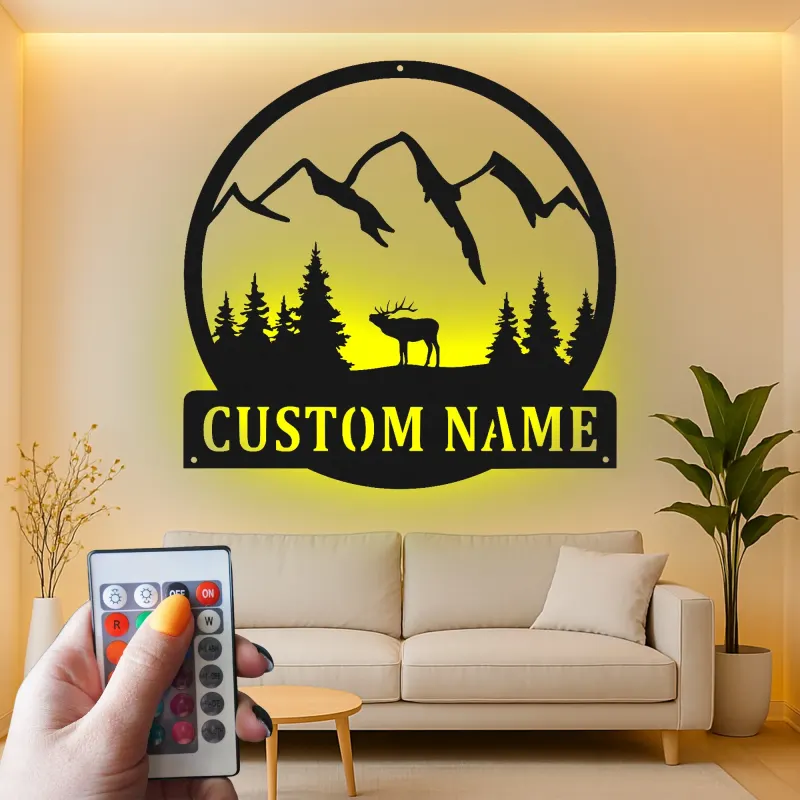 Cartel de metal LED de alce de montaña personalizado, regalo para amantes de la naturaleza, decoración de cabaña o refugio