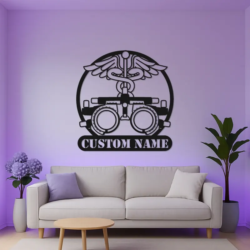 Panneau Optométriste Personnalisé | Décoration murale en métal Phoroptère | Décor de bureau d'ophtalmologiste avec lumière LED | Cadeau logo Caduceus