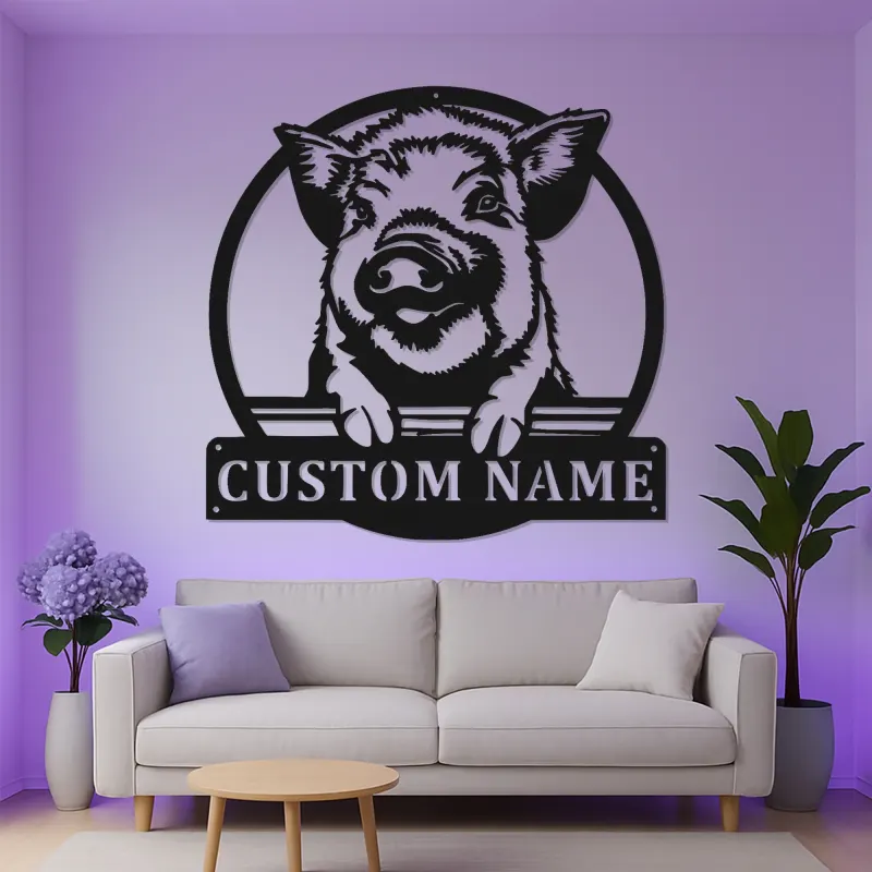 Custom Pig LED Metal Wall Art | Personalized Farmhouse Decor | Rustic Barn Sign for Farmers | Smiling Piglet Silhouette