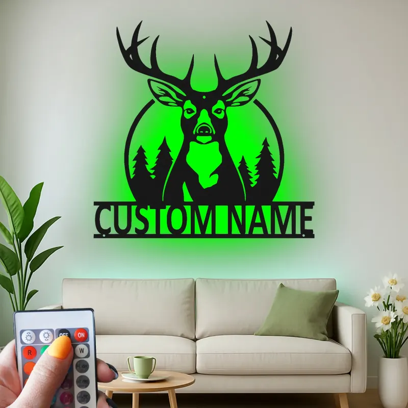 Décoration murale en métal personnalisée Silhouette de Cerf avec Rétroéclairage LED Cadeau Personnalisé pour Chasseurs Décor de Chalet Rustique
